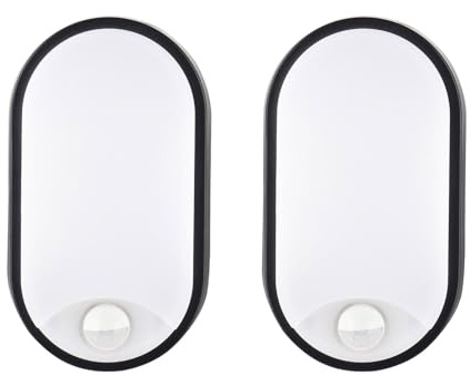 18W Oval LED Außenwandleuchte mit PIR-Bewegungsmelder 4000K IP65 wasserdicht für Garten, Terrasse, Garage, Flur, Keller, Wintergarten in Schwarz - LED Wandlampe mit Bewegungssensor, 2 Stück