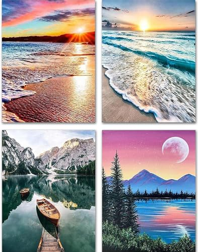 YALKIN 4 Stück Malen Nach Zahlen Erwachsene, Paint by Numbers Malen Nach Zahlen, DIY Landschaft mit Pinseln und Acrylfarben Handgemalt Ölgemälde Leinwand für Home Décor, Ohne Rahmen (30x40cm)
