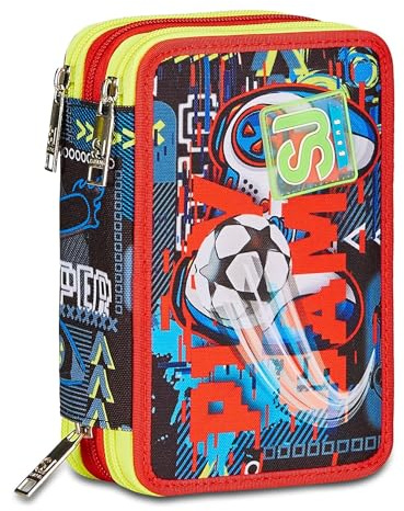 SJ GANG STYLE JAM GANG Astuccio Scuola 3 Zip, Nero, Rosso, FunnyGoal, Portapenne Triplo Scomparto Completo Di Penne, Matite, Colori, Accessori Zaino, Elementari, Medie, Bambino