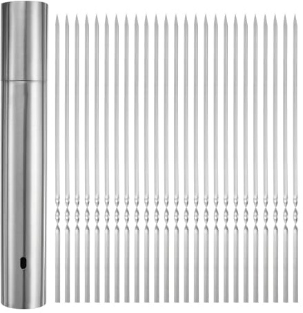 QUARKZMAN 100 Stück Schaschlikspieße Edelstahl 27,5cm mit Aufbewahrungsrohr, Wiederverwendbare BBQ-Grill Spieße Outdoor-Grillstab für Fleisch, Garnelen, Obst
