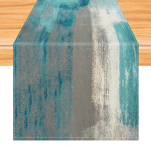 Tischläufer Türkis 40 x 140 cm Tischdekoration Modern Kunst Gemälde Kurz Abwaschbar Tischdeko für Weihnachten Party Hochzeiten Feiertage Geburtstag Küche Deko
