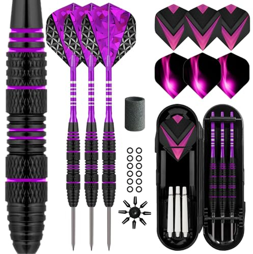 LavishioProfessional Set med stålspetspilar, 3 aluminiumpilaxlar, stålspets, dartset, professionella dartset med stålspetsuppsättning + extra 3 pilflygningar, 3, ersätter plastskaft (svart, lila)