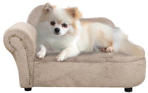 PawHut Divano per Cani Rialzato con Spazio Portaoggetti a Scomparsa, Divano Imbottito in Legno e Tessuto Vellutato, 80x40x46 cm, Beige