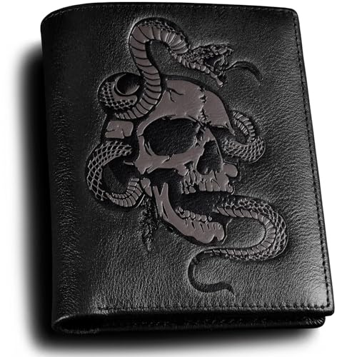 skneephate Skull Wallets for Men UK, Gothic Men's Wallets Leather Bifold, RFID Blocking, Gifts for Husband (Black)
