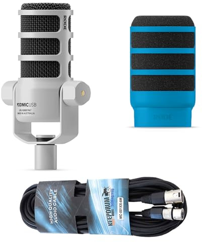 Rode Podmic USB XLR Dynamisches Sprecher-Mikrofon Weiss mit WS14B Popschutz und keepdrum XLR-Kabel