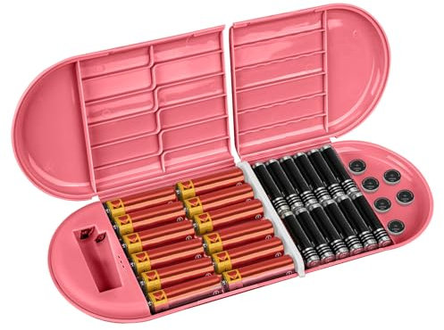 Linkidea Custodia per Batterie con Tester, Organizer Portatile per Batterie Compatibile con 12 Batterie AA e 12 Batterie AAA, Scatola per Batterie a Strato Singolo (Rosa)