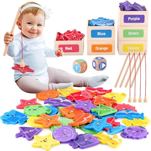GAGAKU Angelspiel Holz ab 1 Jahr Fische Angeln für Kleinkinder 48-teiliges Magnet Spiele für Kinder - 6 Formen und Farbsortierung Kinderspielzeug Geburtstagsgeschenke für Jungen und Mädchen