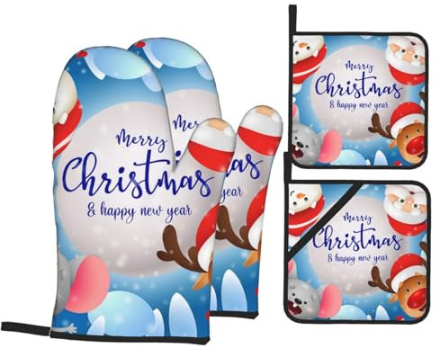 Ofenhandschuhe und Topflappen-Set, Schneemann, Maus, Weihnachtsmann, hitzebeständig, Küche, Backhandschuhe, rutschfeste Oberfläche zum Kochen, Backen, Grillen, Grillen