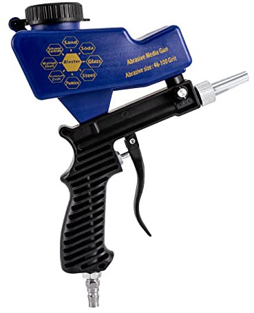 Portable Gravity Sand Blaster Gun Soda Spray Tool Air Compressor Pneumatic Handheld Sandblasting Shot Media Blasting for Trimming Dead Corners and Surface Spraying Burrs Rust Removal 90PSI Blue