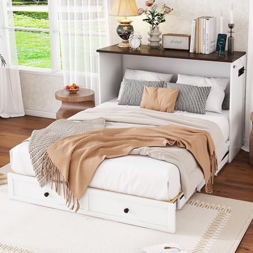 ZYLOYAL10 Schrankbett, 140 x 200, Mobiles Schrankbett mit Schubladen am Bettende und Regal am Kopfende des Bettes, mit U-S-B und Steckdose, Umbaubares Plattformbett, Ohne Matratze (Weiß)
