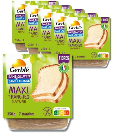Gerblé Maxi Moelleux Nature Sans Gluten & Sans lactose, Lot de 6 Pains, Riche en fibres, Moelleux, 7 Tranches/Pain, 210217