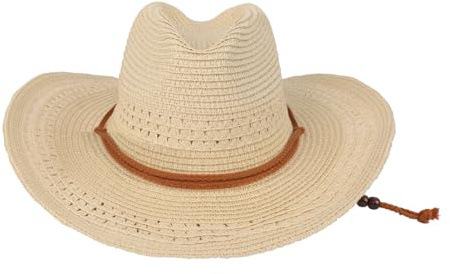 Faxianther Strohhut Unisex Cowboyhüte Westernhut Cowgirl-Hut für Herren Damen Breite Krempe Sonnenhut UV Schutz Sommerhut Panamahut mit Kinnriemen Sommer Strandmütze (Weiß)