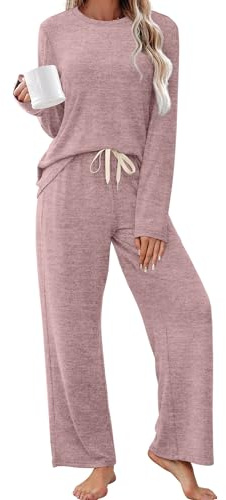 Sampeel Pajamas for Women Set Long Sleeve Fall Pajamas Cute Pjs Lounge Two Piece Sets Comfy Sleepwear Winter Clothing Fashion 2025 Airport Travel Outfits Luxury Plus Size Clothes Winter Pink L