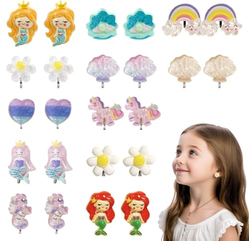 12 par klippörhängen barn flickor, örhängen flickor, öronklämmor barn, klämma örhängen magnet, vacker sjöjungfru prinsessa örhänge set