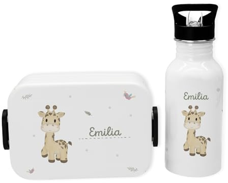 hellomini Personalisierte Mepal-Lunchbox & Edelstahl-Trinkflasche 500ml Set mit Wunschname & Tiermotiv – Brotzeitbox & Trinkflasche Kinder Schule Kita Geschenk (Giraffe, Weiß)