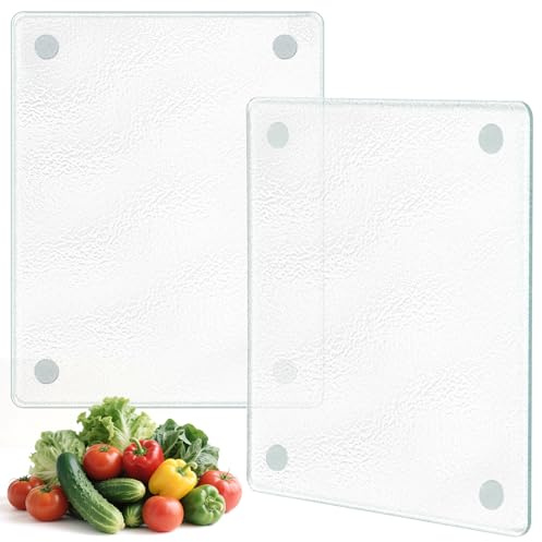 8''x10'' Small Tempered Glass Cutting Board for Kitchen Counter, TAQIXI 2Pcs Frosted Clear Glass Cutting Board for Countertop, Non-Slip, Scratch and Heat Resistant, Dishwasher Safe