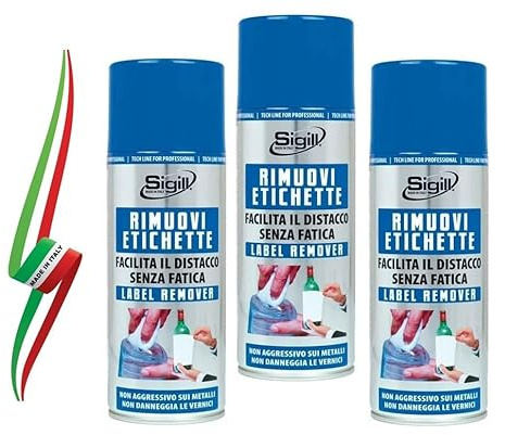 Set 3 Bombole 400 ml Spray Rimuovi Etichette, Facilita la Rimozione di Etichette di Carta e Residui di Colla di Etichette in Plastica, Alluminio, NON AGGRESSIVO SU METALLO VERNICE MADE IN ITALY