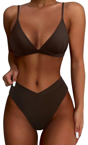 SUUKSESS Women Triangle High Cut Bikini Sets Sexy High Waisted Color Block Two Piece Swimsuits Push Up Bathing Suits(Dark Brown,S)