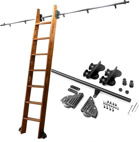 Rollende Bibliotheksleiter, 3,5 m, schwarz, Schiebetürsystem mit Bodenrollenrädern und Verlängerungsschiene, ideal für Zuhause, Bibliothek, Büro, rustikale Dekoration und platzsparende Lösungen.