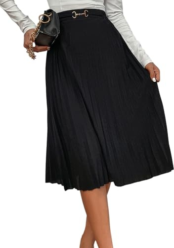 GORGLITTER Damen Plisseerock Elegant Elastisch Taille Midi Rock A-Linie Faltenrock Einfarbig Hohe Taille Röcke Langer Freizeitrock Business Outfit Schwarz M