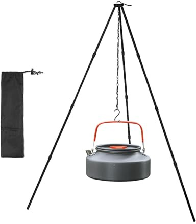 Dreibeinstativ zum Kochen auf dem Feuer - Camping-Stativ, Kochutensilien-Stativ, zusammenklappbar, Ständer aus Aluminium, leichte und verstellbare Aufhängekette