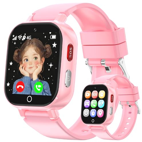 Montre Connectée pour Enfant 4G, Montre Intelligente Enfants GPS Pour Fille Garçon avec SOS Chat Appel Vidéo Chronomètre Mode Classe Réveil Caméra Jeux, Smartwatch Téléphone Cadeau 4 à 12 Ans, Rose
