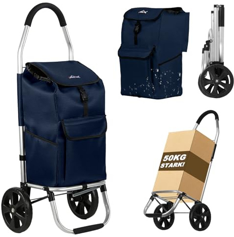 Shoppingvagn, HOMELUX vikbar, stabil shoppingvagn, stor kapacitet 41 L, multifunktionell, handvagn med hjul, avtagbar väska, marinblå 242