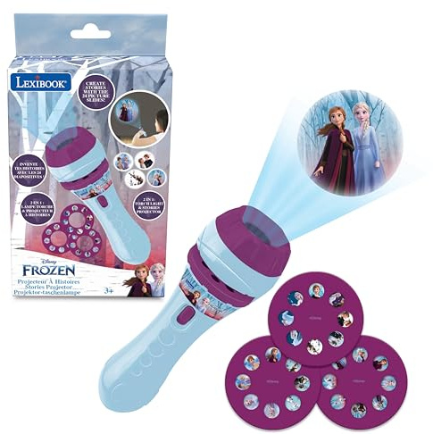 LEXIBOOK - Stories projector, Frozen torch light and projector with 3 discs, 24 images, create your own stories, LTC050FZLXB