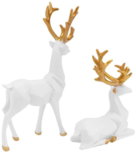 LIFKOME 2 Piezas Figuras Decorativas de Reno de Resina Adornos Navideños para Mesa Centro Decorativo Moderno Color Blanco para Sala y Oficina
