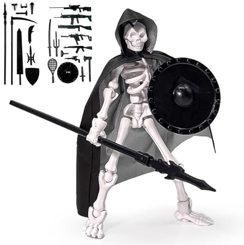 Figurine d'action squelette, jouet squelette mobile multi-articulé avec cape à capuche et armes, figurine d'action en plastique pour décorations de bureau de collectionneurs, décoration jardin