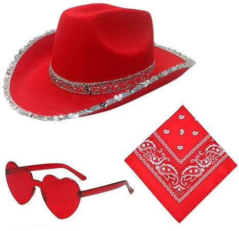 Rosa Cowboy Hut Damen Set Western Filzhut mit Federtrimm Herz Brille und Rosa Bandana Accessoires Westen Cowgirl Kostüm Pinker Cowboyhut für Damen Mädchen Cosplay Party Halloween Karneval