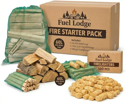 Fuel Lodge Fire Starter Pack - 60L Kiln Dried Logs, 3.5kg Kindling Net & 100pc Firelighters - Ready to Burn Firewood for Log Burners & Fire Pit (60L Logs, 3-3.5kg Kindlings, 100 Pcs Firelighters)