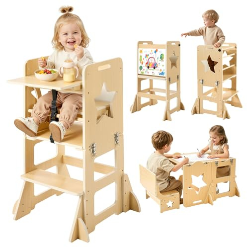 VEVOR Set Tavolo e Sedia Montessori Svezzamento, Seggiolone Multifunzioni | 6 in 1, con Lavagna e Vassoio per la Pappa, Materiale Legno, per Bagno e Bancone Cucina Apprendimento Bambini in Crescita