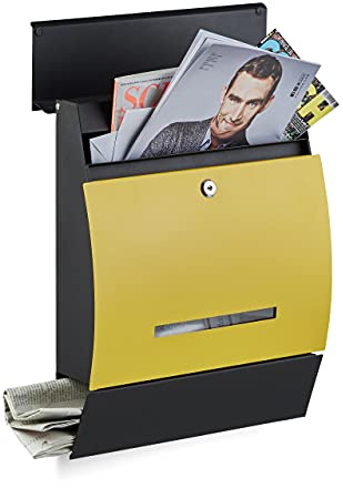 Relaxdays Boîte aux lettres murale avec compartiment journaux DIN-A4 45 x 35 x 11 cm noir-jaune