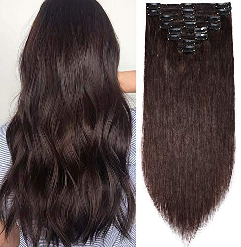 SEGO Clip in Extensions Echthaar Haarverlängerung Haarteil Doppelt 8 Teile hitzebeständig glatt Dunkelbraun#2 24(61cm)-170g
