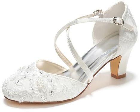 Emily Bridal Bröllopsskor för kvinnor, stängd tå, 6 cm (2,56 tum), tjock klack, spets, satinpumpar med spets, blomma, paljett, imitation, pärlspänne, brudskor, Elfenben, 37 EU