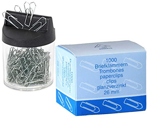 WEDO 2705154 Klammernspender (mit Magnet rund gefüllt, 125 Büroklammern) Silber/transparent (1 Spender + 1000 Klammern extra)