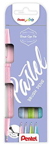 Pentel SES15P-4 Brush Sign Pen Pastel Colors Set, Faserschreiber, pinselähnliche Spitze, 4 Stück, farblich sortiert