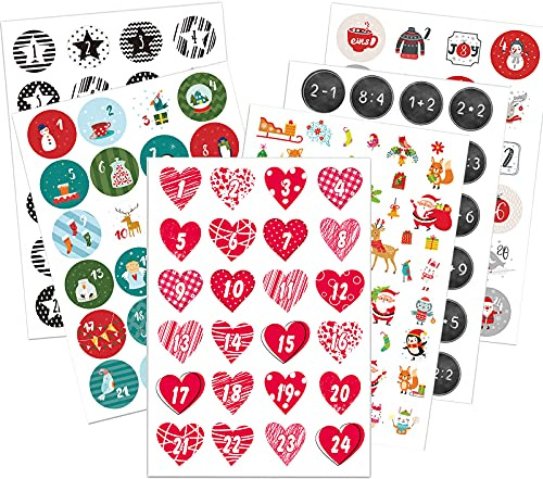 5 x 24 Adventskalender Zahlen Aufkleber für 5 Weihnachtskalender, 24 Sticker Zahlen Aufkleber für Weihnachten zum Selber Basteln und Verzieren, Runde Nummern Etiketten 4 cm