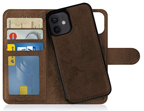 MyGadget Flip Case für iPhone 12 Mini - [ abnehmbare Magnet Hülle ] - Handyhülle aus Kunstleder - [ Klapphülle mit Kartenfach ] Schutzhülle in Braun