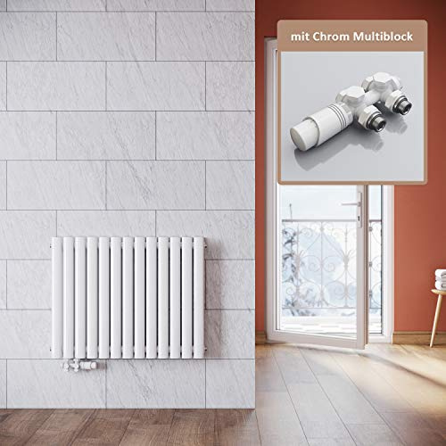 ELEGANT Heizkörper Modern Weiß 600x767mm mit Weiß Multiblock Thermostat Design Heizkörper Horizontal Doppellagig Röhrenheizkörper Mittelanschluss