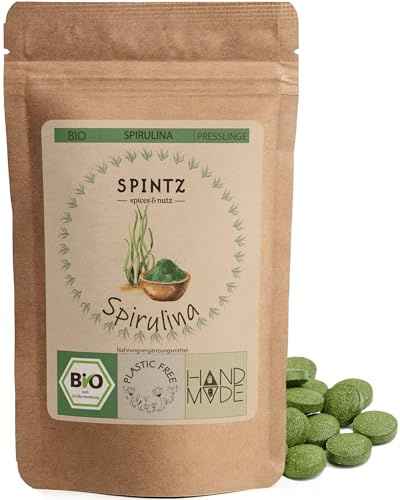 SPINTZ® 200 Stk. Bio Spirulina Bio Presslinge 100% kontrolliert biologischer Anbau | Vegane Spirulina Tabletten 250mg/Tab | Plastikfrei und nachhaltig verpackte Spirulina Tabletten