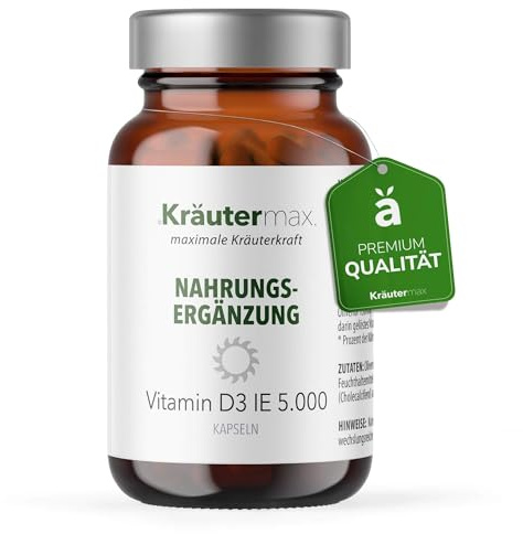 Kräutermax Vitamin D3 5000 IE Kapseln, 250 Stück, Nahrungsergänzungsmittel mit Olivenöl
