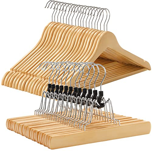 SONGMICS Kleiderbügel Holz, 20 Stück Jackenbügel mit Hosensteg, 12 Stück Hosenspanner, Hosenbügel, Holzbügel, rutschfest, um 360° drehbarer Haken, Jacken, Hemden, Hosen, naturfarben CRW001XD2