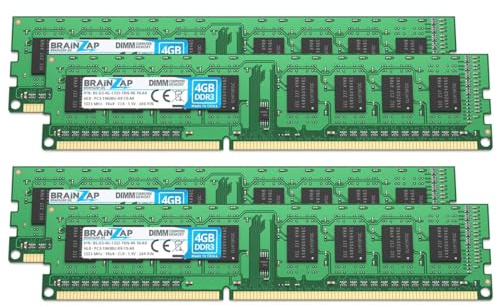 BRAINZAP Memoria RAM DDR3 de 16 GB (4 módulos de 4 GB), DIMM, PC3-10600U-09-10-A0, 1Rx8, 1333 MHz, 1,5 V, CL9
