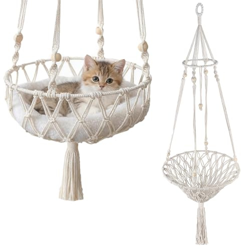ITODA Macrame Hanging Cat Hammock Indoor Cotton Rope Tassel Cat Basket Bed Round Cats Swing Bed Nest for Sleeping, Playing, Climbing, and Lounging（Not Included Cushion）