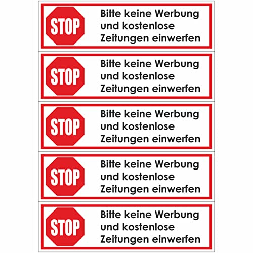 Briefkastenaufkleber - Achtung Stop Bitte Keine Werbung! 10 Aufkleber 70x20mm - Keine kostenlosen Zeitungen, Handzettel, Wurfsendungen und Wochenzeitungen!
