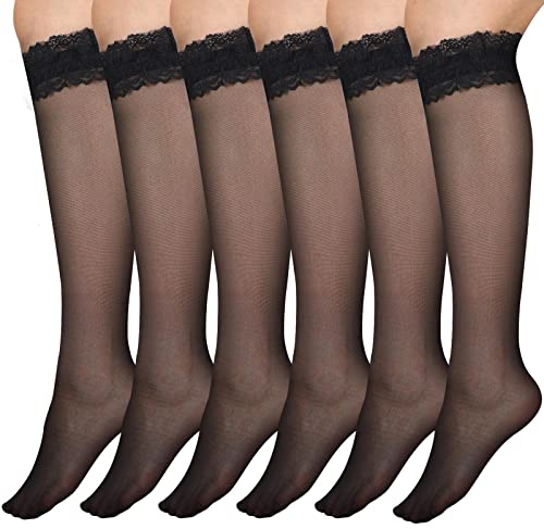 Geyoga 6 Pares Calcetines hasta Rodilla para Mujer, 15 DEN Medias Transparentes Transpirables Populares con Top de Encaje (Negro)