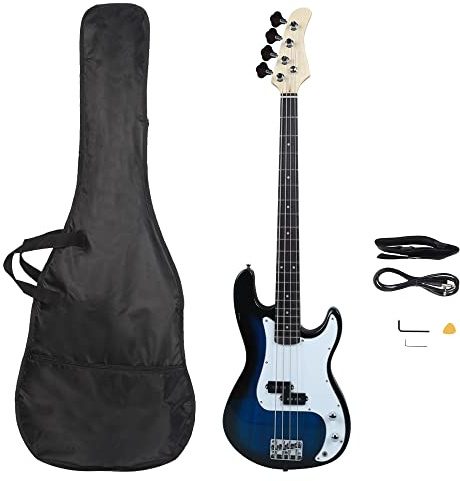 LALAHO Electric Bass Guitar, Full-Size 4 String Bass Guitars Beginner Kit with Gig Bag, Shoulder Strap, Cable Accessories for Starter, Professionals & Adults (Blue)