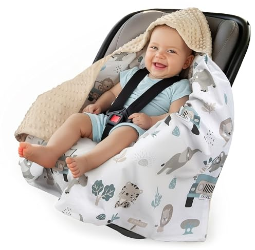 Medi Partners nid d'ange Bebe été Couverture enveloppante Bébé Siege Auto 85x85cm Couvertures Bebe nid d'ange Une Douce Oeko-Tex Moelleuse pour landaus (Mint Zoo avec Minky Beige)